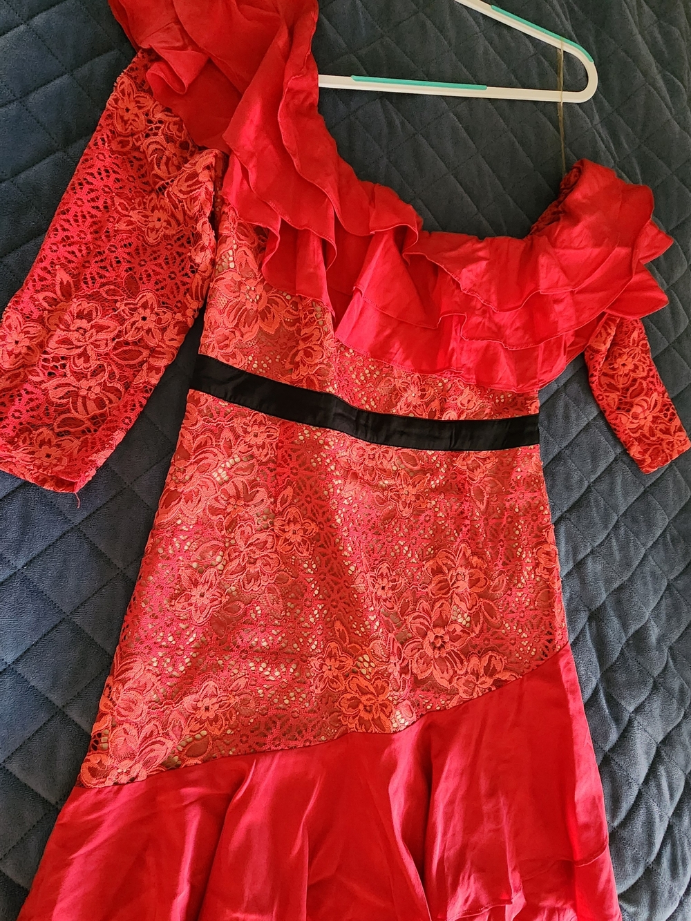 For Love & Lemons Red Ruffled Lace Mini Dress with Black Waistband